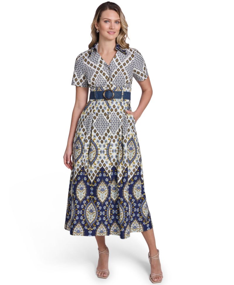Women's Collared Short-Sleeve Belted Shirt-Dress