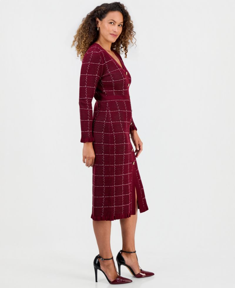 Petite Plaid-Print V-Neck Ruffle-Trim Sweater Midi Dress