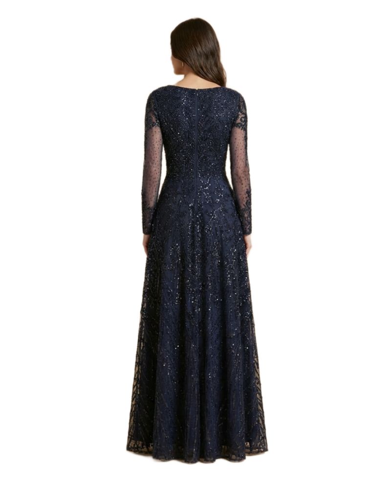 Women's Illusion Neck, Long Bell Sleeve Gown