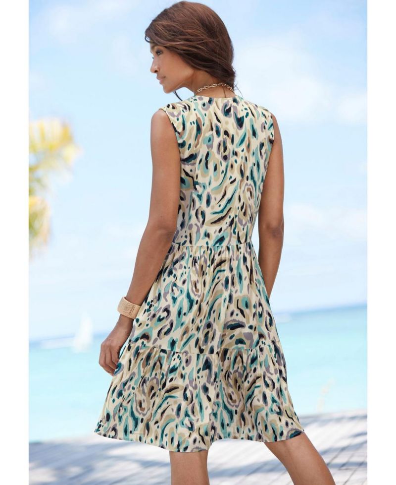 Women's Viscose Printed Button Up Tiered A-Line Notch-Neck Short Dress