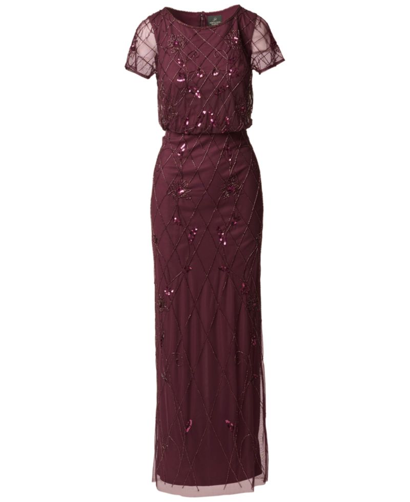 Women's Bead Blouson Boat Neck Short-Sleeve Long Dress