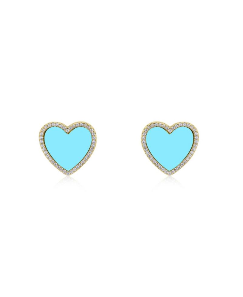 Large Turquoise CZ Halo Heart Stud Earrings 14K Gold-Plated Sterling Silver