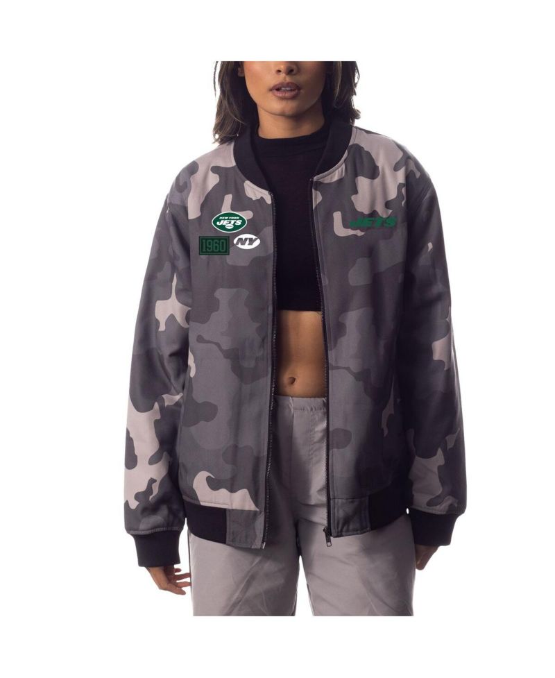 Men's and Women's Gray Distressed New York Jets Camo Bomber Jacket