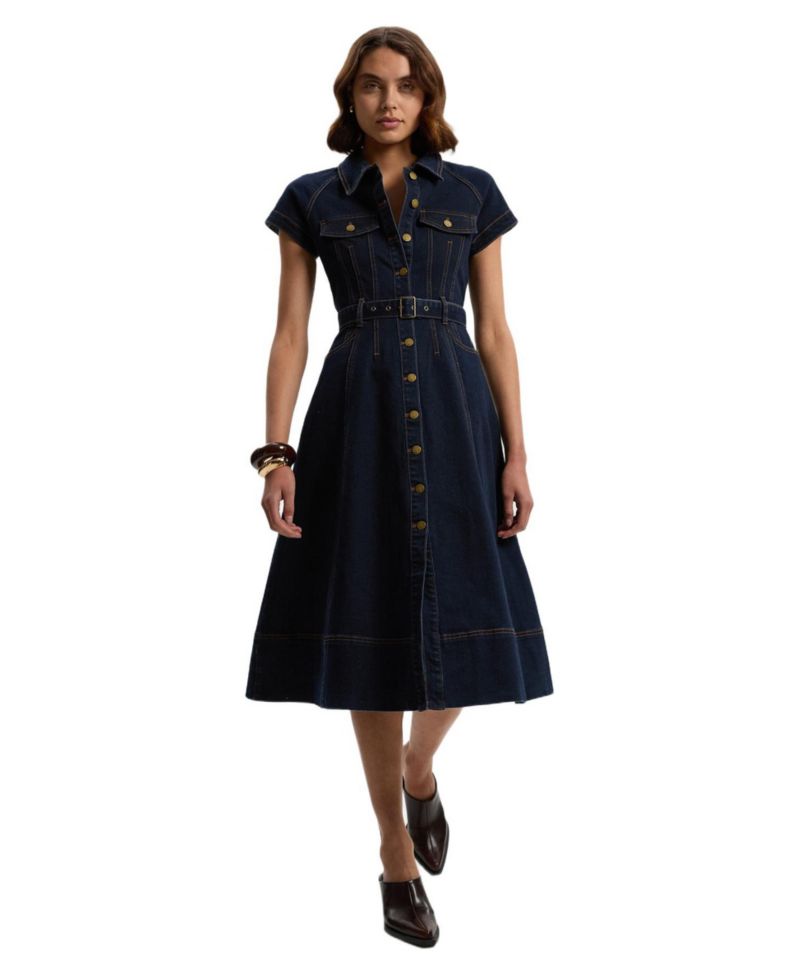 Women's Button Up Belted Denim Midi Dress