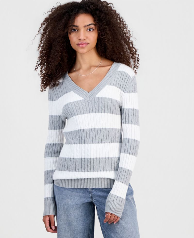 Juniors' Longline V-Neck Cable-Knit Sweater
