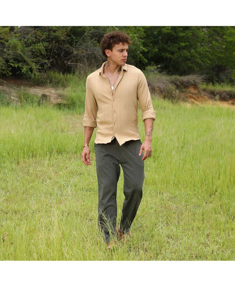 Men's Buff Beige Micro Hexagon-Lined Shirt