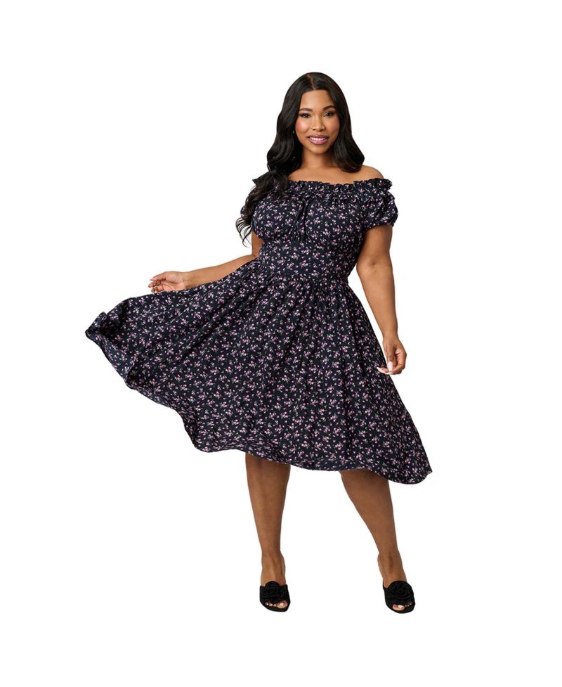 Plus Size 1950s Off The Shoulder Ruffle Swing Dress