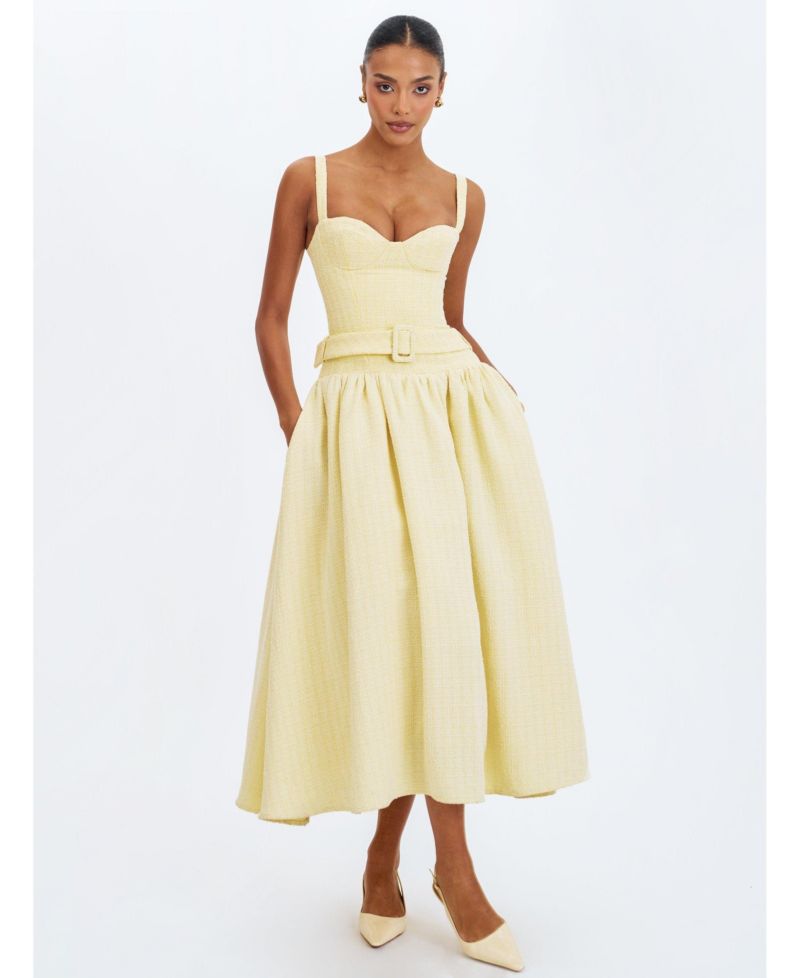Women's Tiana Butter Yellow Sweetheart Belted Midi Dress