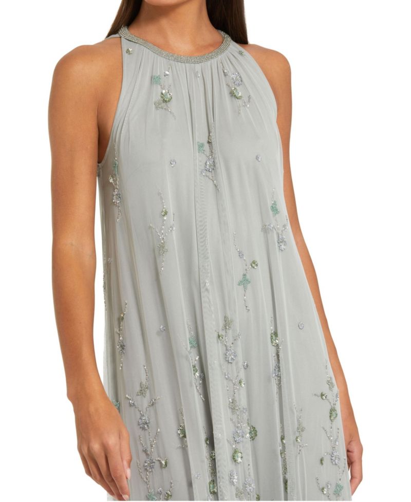 Women's High Neck Floral Embellished Mesh Trapeze Gown