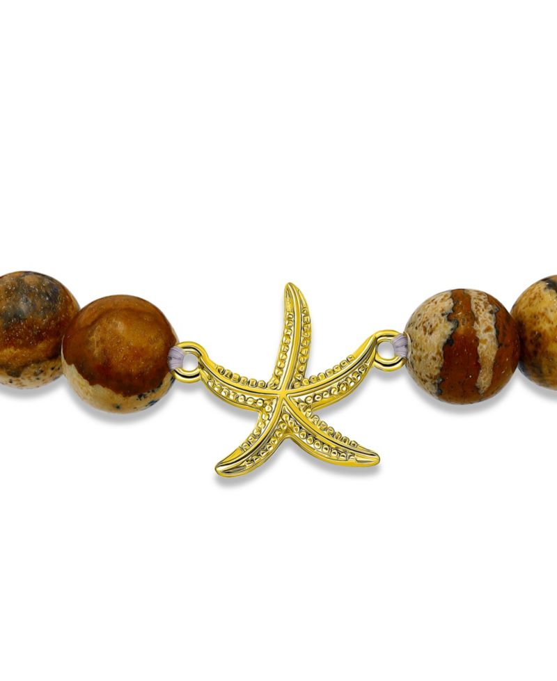 Picture Jasper Beads and Starfish Charm Gold Plated Stretch Bracelet