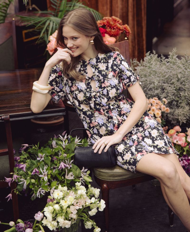 Women's Linen-Blend Floral Bow Detail Mini Dress