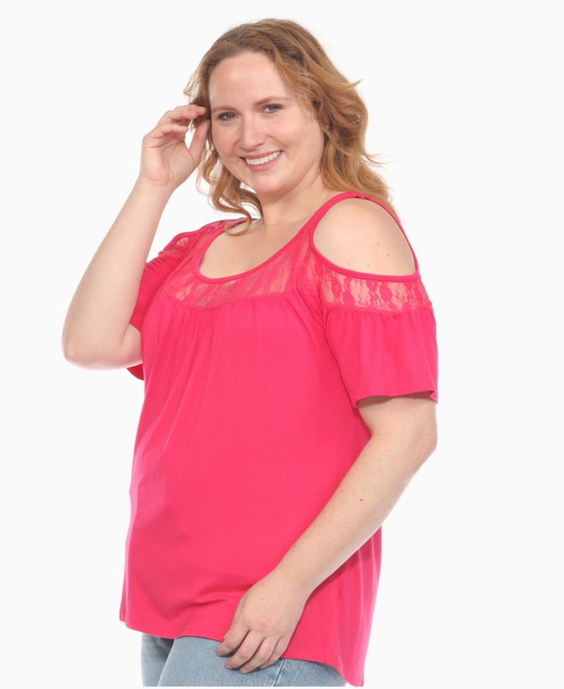 Plus Size Cold Shoulder Lace Trim Knit Top
