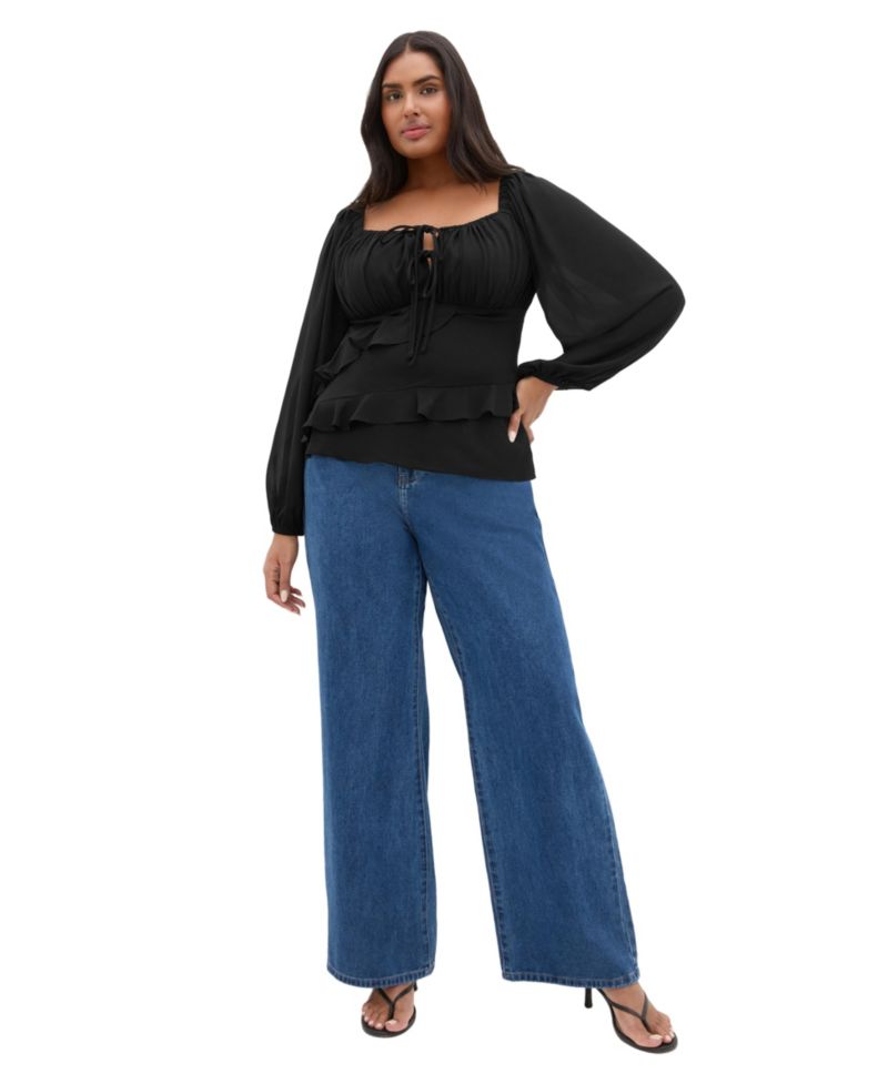 Plus Size Shayla Long Balloon-Sleeve Frill Top