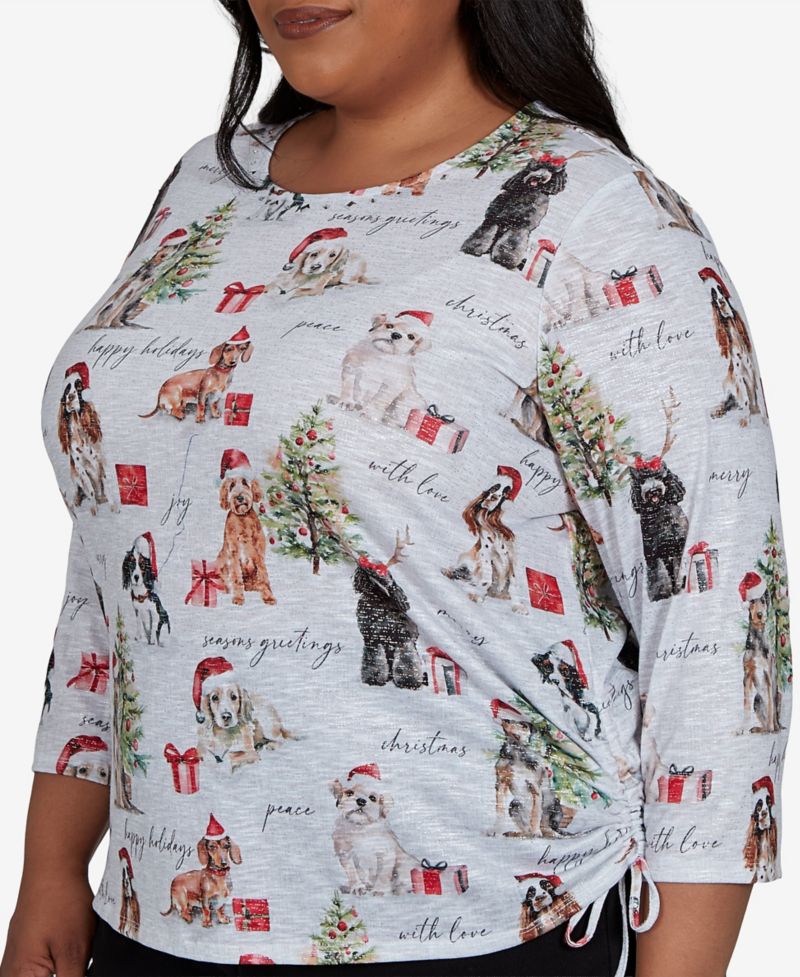 Plus Size Classic Gift Giving Dogs Holiday 3/4-Sleeve Knit Top