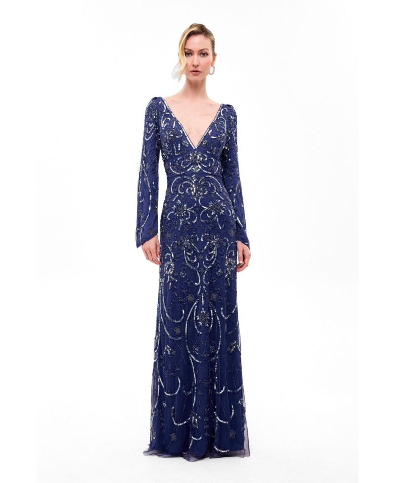 Women's Deep Neck Embellished Sequins Maxi Dress