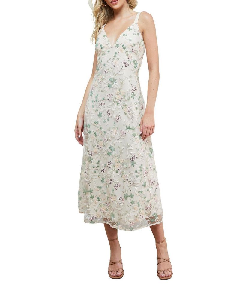 Women's Hand Embellished V-Neck Midi Dress