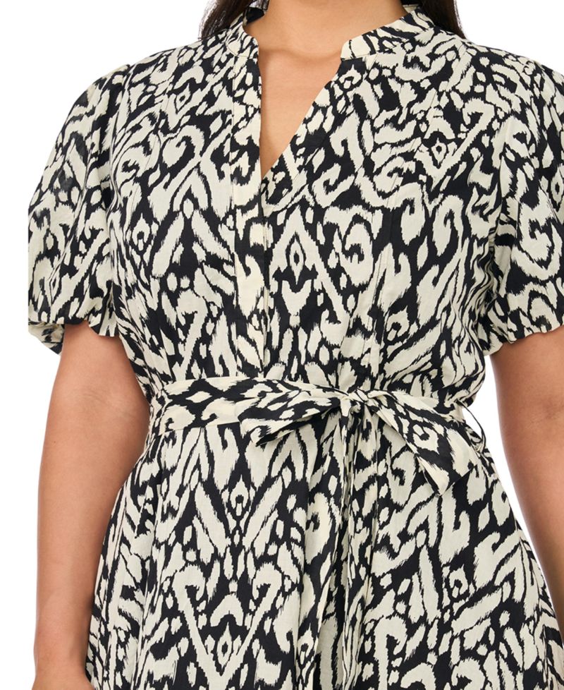 Plus Size Puff-Sleeve Belted Mini Dress