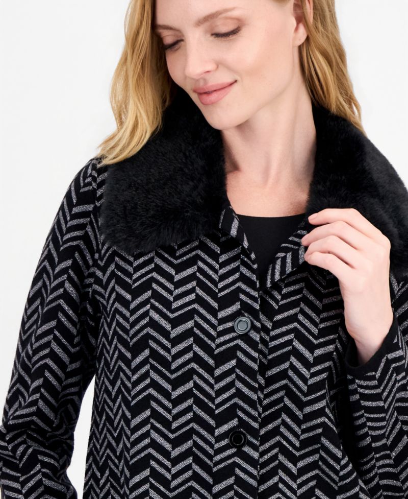 Petite Faux-Fur Collar Patch-Pocket Long-Sleeve Cardigan