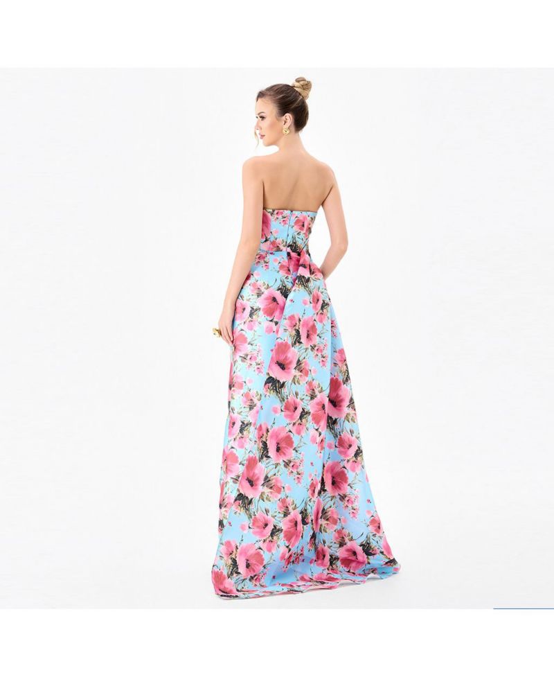 Women's Zia Strapless Floral-Print Asymmetric-Pleated Gown