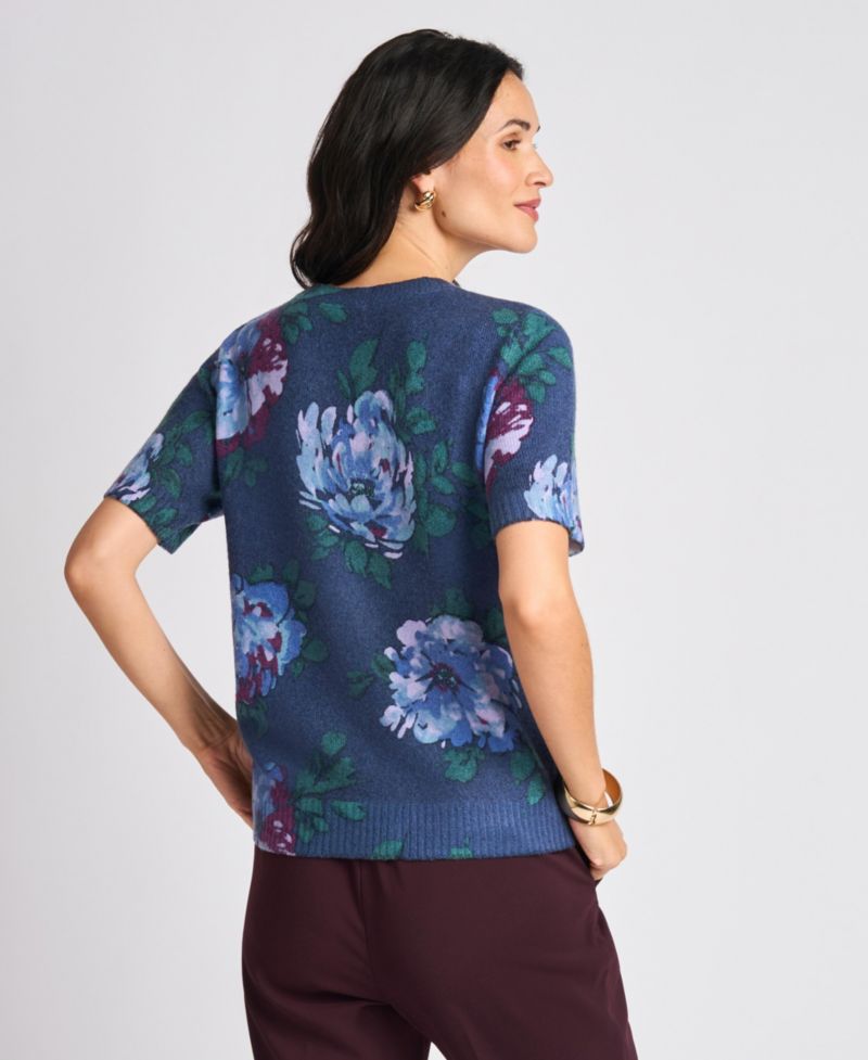Women's Short-Sleeve Floral-Print Crewneck Sweater