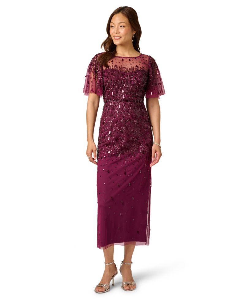 Petite Beaded Mesh Flutter-Sleeve Dress