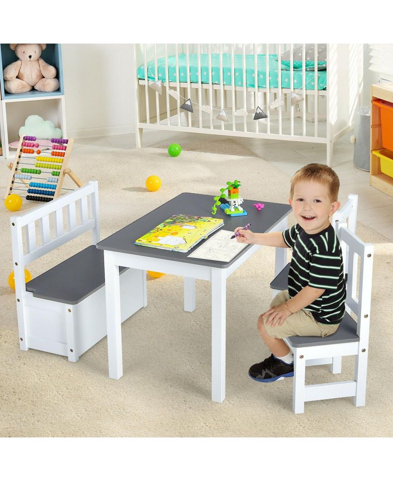 4 Pieces Kids Wooden Activity Table and Chairs Set with Storage Bench and Study Desk