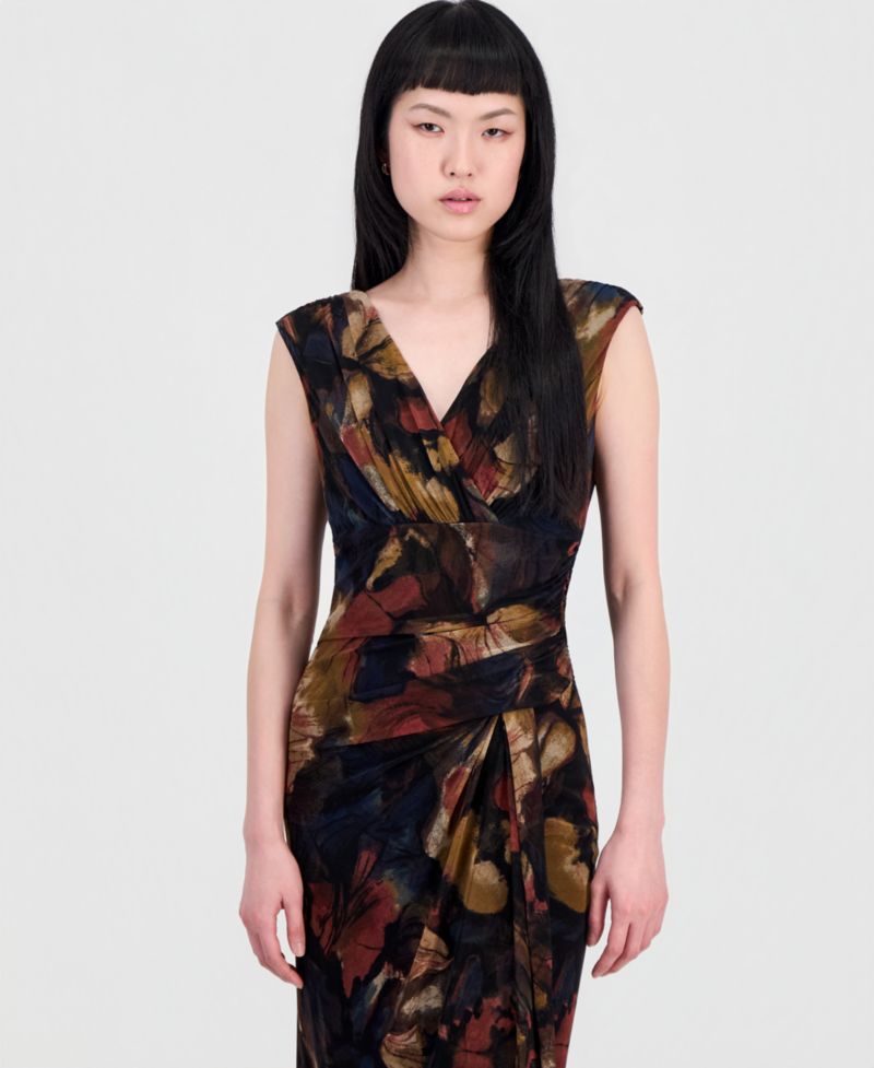 Women's Printed Surplice-Neck Pleated Dress