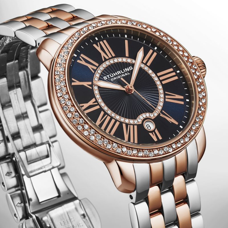 Celestia 4080 Women s Quartz 38mm Watch with Swarovski Crystal Bezel, Roman Numeral Sunray Dial and Stainless Steel Bracelet