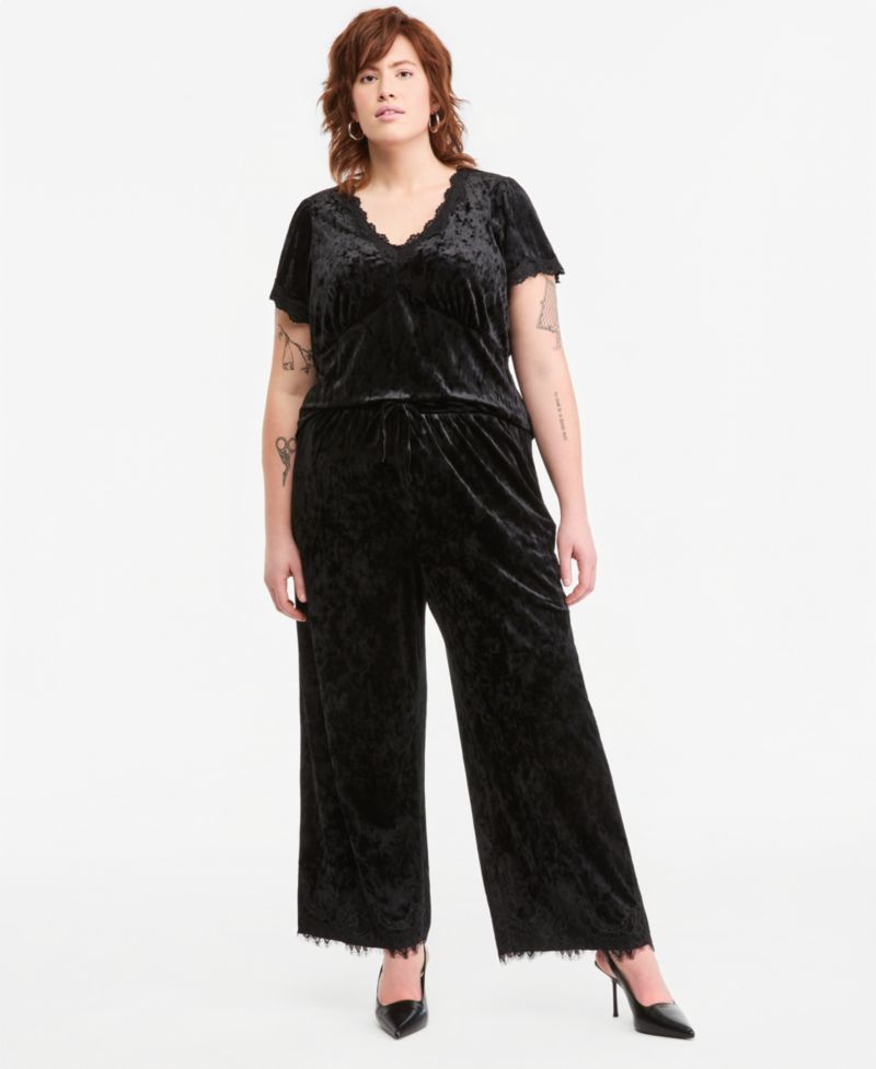 Plus Size Velvet Lace-Trim Wide-Leg High-Waisted Pants