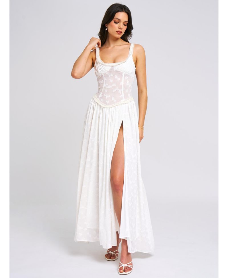 Women's Ulissa White Square Neck Jacquard Textured High Slit Maxi Dress