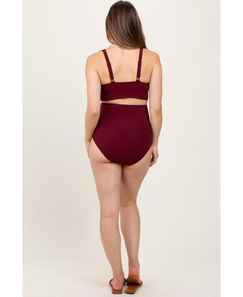 Women's Burgundy Ribbed Twist Cutout Front Swim Set