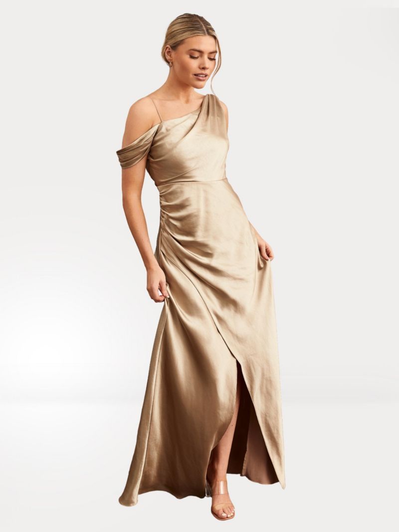 Women's Asymmetric Bardot Satin Bridesmaid Dress