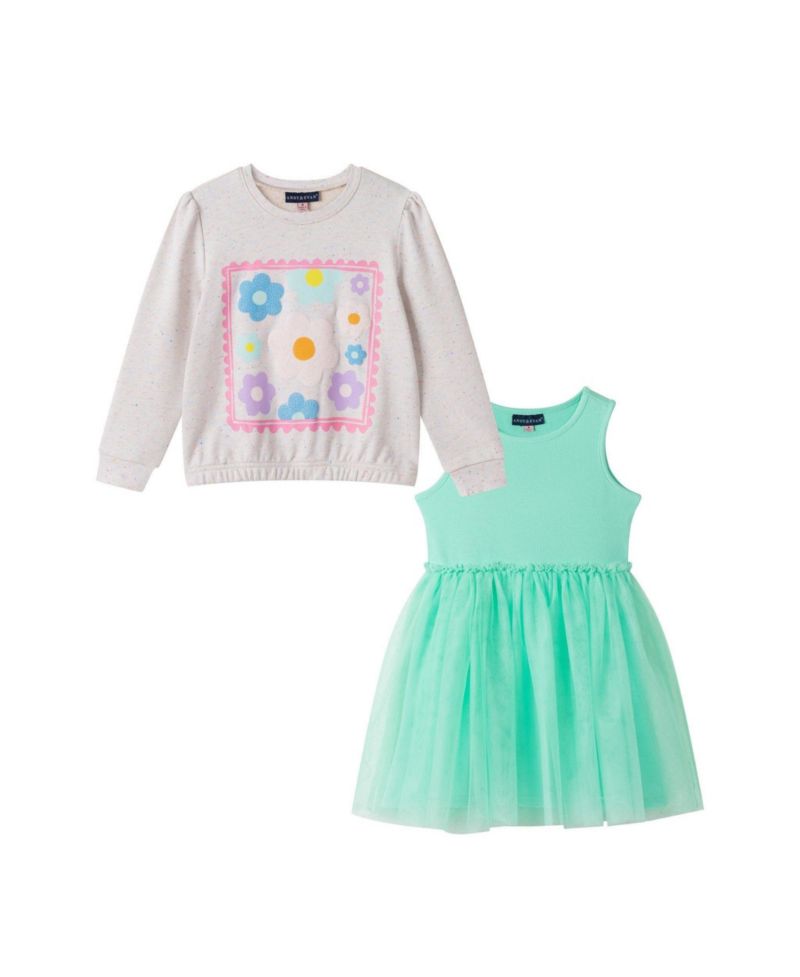 Little Girls Aqua Chenille Floral Sweatshirt and Tulle Tank Dress Set