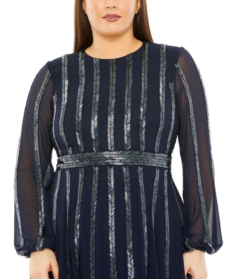 Plus Size Long Sheer Sleeve Beaded Dress