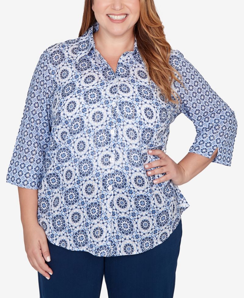 Plus Size Mykonos Geometric Button-Front Closure Collared Top