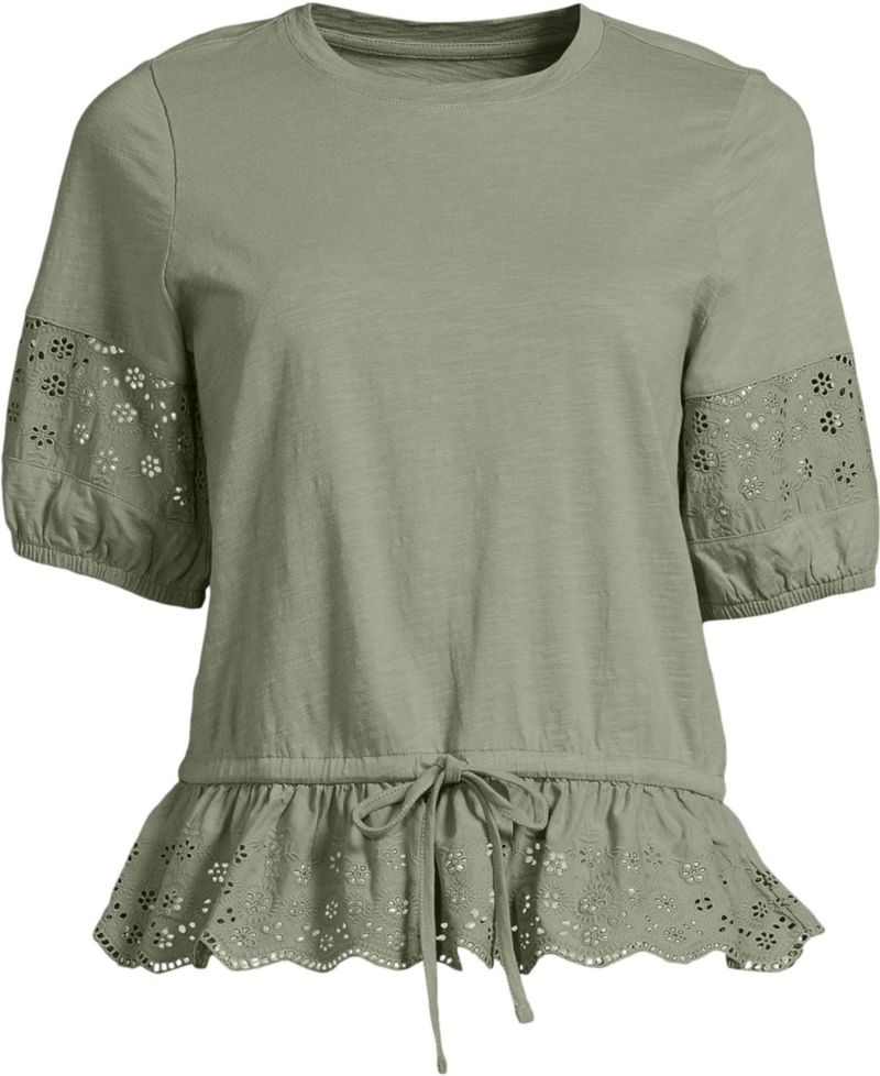 Women's Elbow Sleeve Slub Lace Trim Adjustable Hem Top