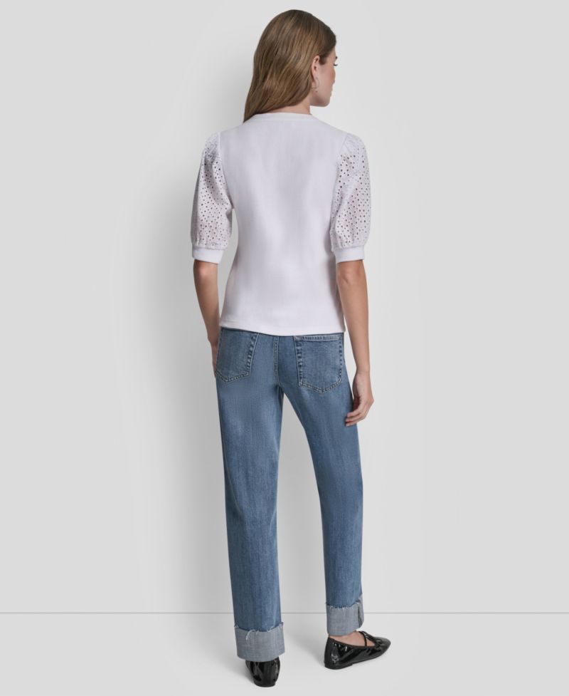 Petite Rib Body Eyelet V-Neck Top