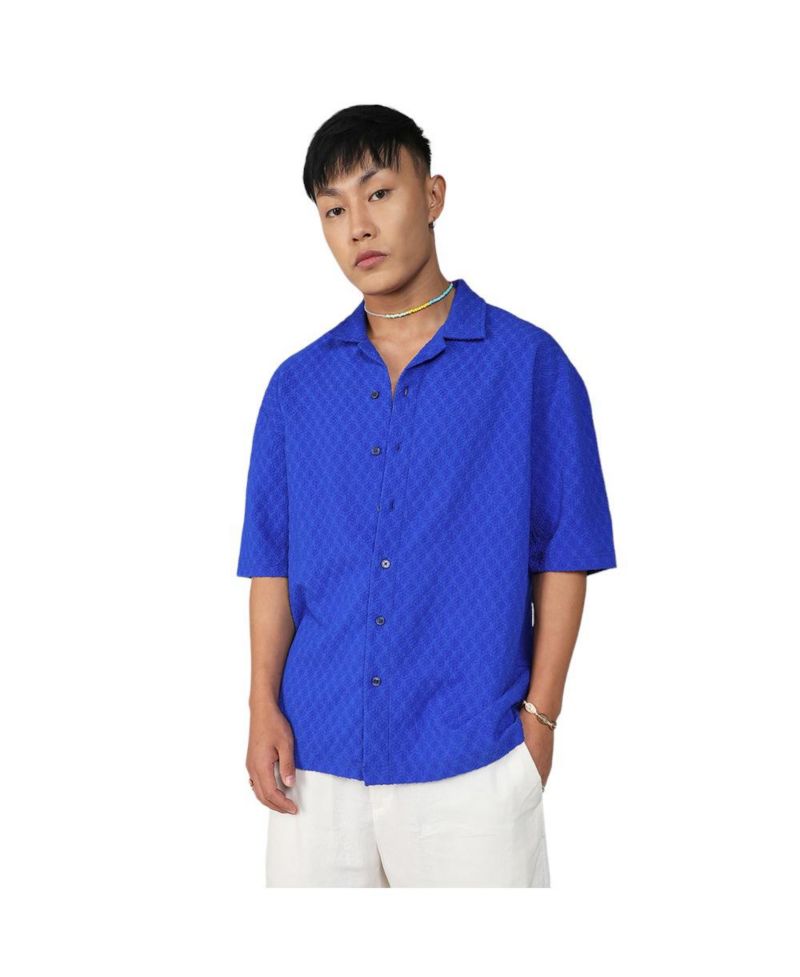 Men's Royal Blue Textured Geometric Oversized Shirt