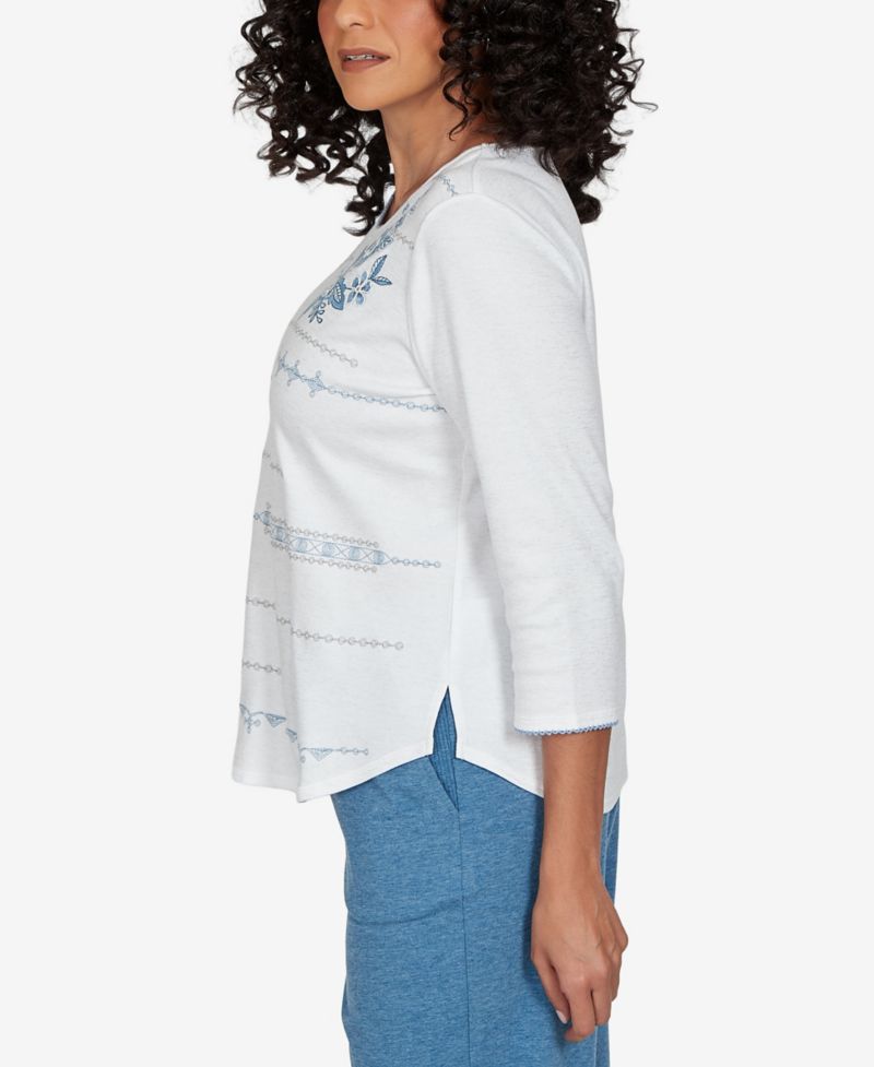 Women's Knit 3/4-Sleeve Crewneck Floral-Embroidered T-Shirt