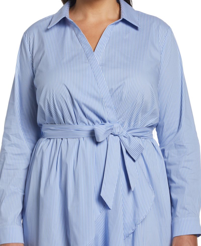 Plus Size Stripe Poplin Ruffle Long Sleeve Wrap Dress