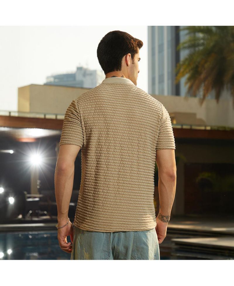 Men's Ash Brown Crease-Tactile Cuban Polo T-Shirt