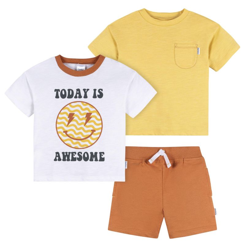 Baby Boys 3-Piece T-Shirts and Shorts, Awesome Yellow, 18 Months