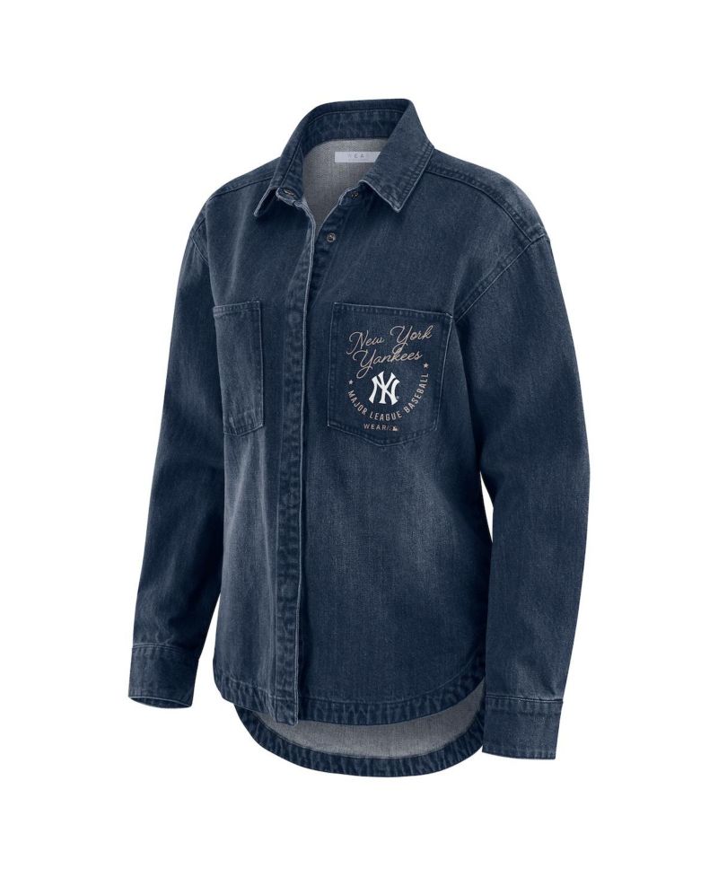 Women's Denim New York Yankees Washed Oversized Denim Full-Snap Shacket