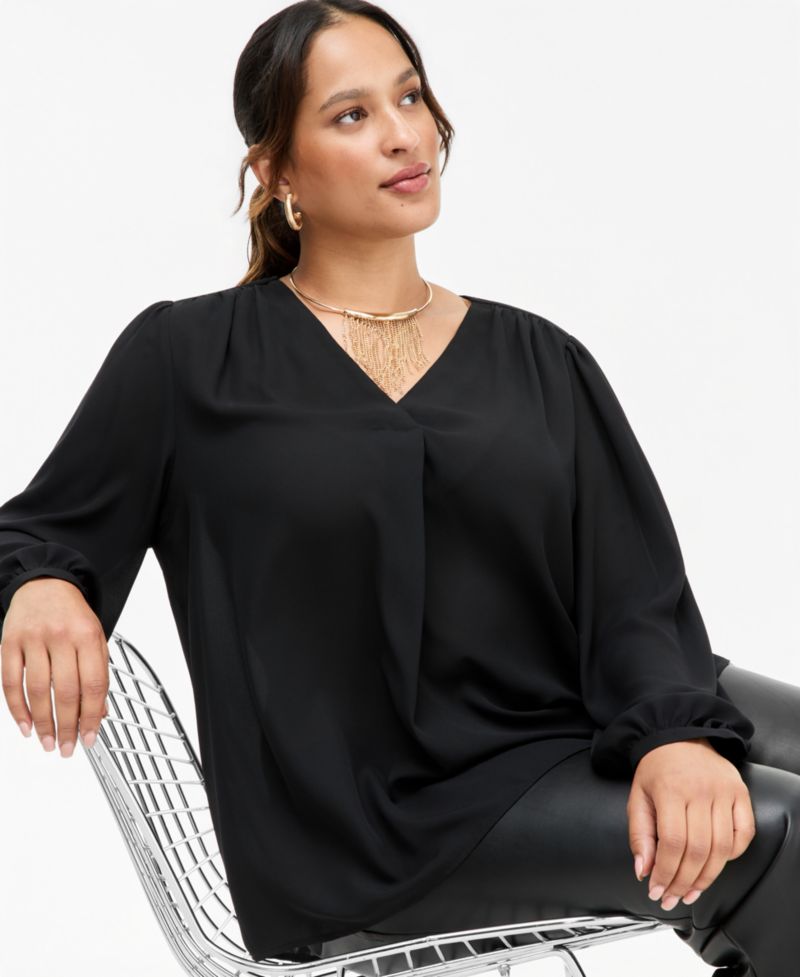 I.N.C. Plus Size Long-Sleeve V-Neck Pleated Blouse