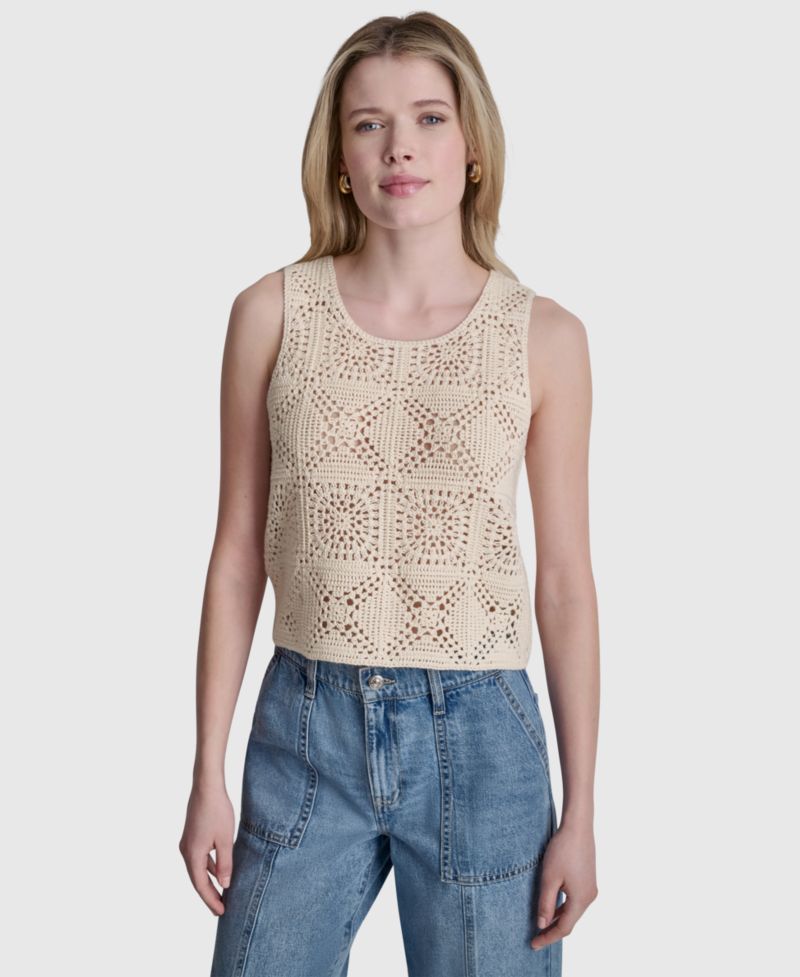 Women's Sleeveless Crochet Square Knit Tank Sweater