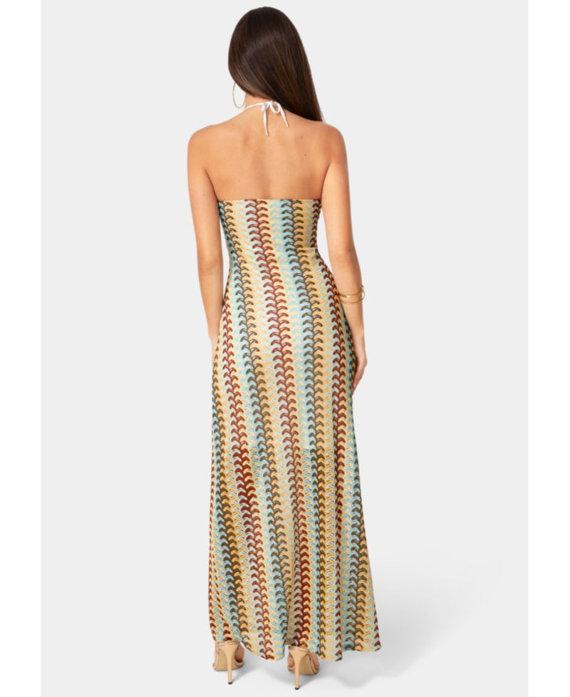 Women's Crochet Stripe Halter A-Line Maxi Dress