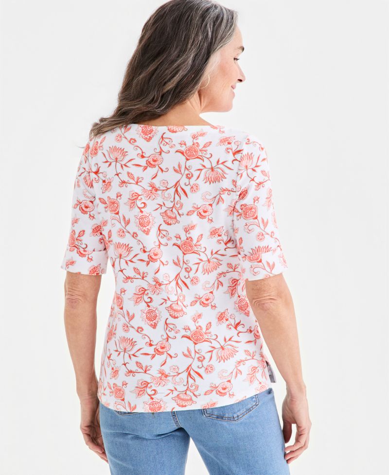 Petite Elbow-Sleeve Fresh Paisley Print Boat Neck Top