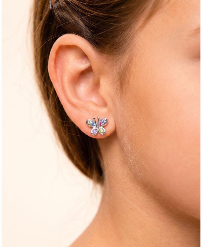 Girls Butterfly Mulit-color Crystal White Gold Rhodium Plated Screwstud Earring