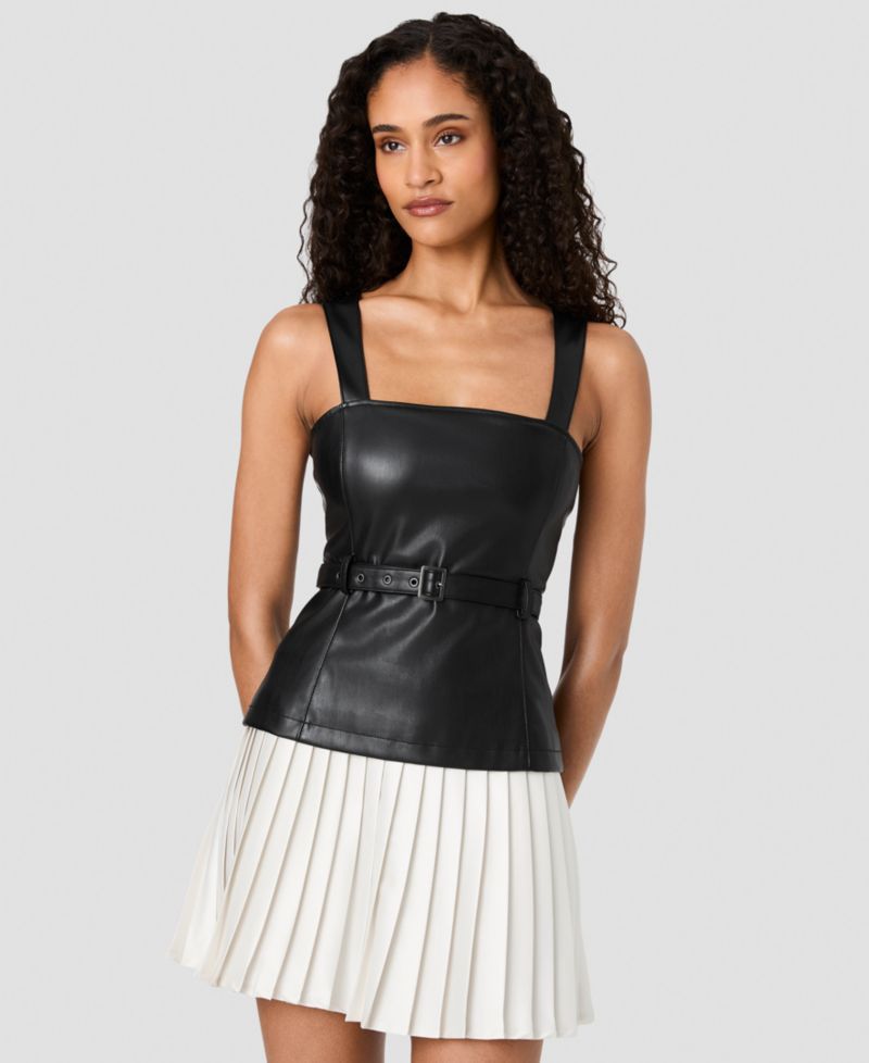 Women's Faux Leather and Satin Square Neck Sleeveless Mini Dress