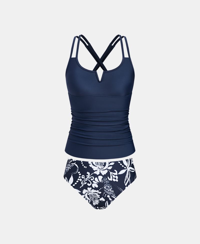 Women's Crisscross Back Cutout Ruched Double Straps Tankini Sets